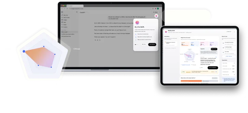 Reality Drift browser extension panels over a dark purple background